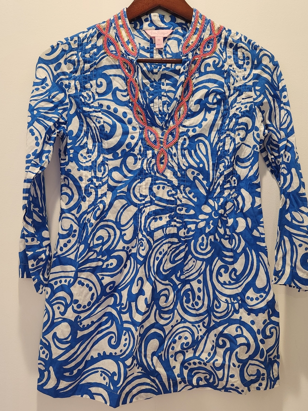 Lilly Pulitzer Sarasota Blue and White Beaded Tunic 100% Cotton